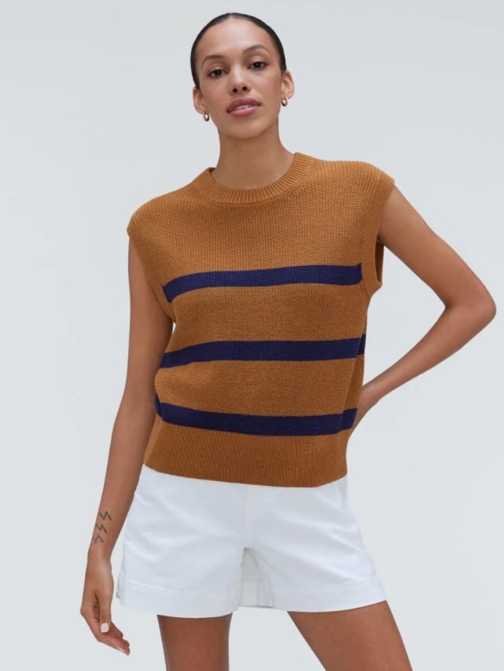 Everyone Cotton Summer Sweater Tank - Brown with Navy Stripes